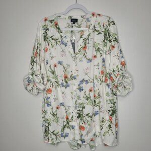 Jones & Co white floral button front linen blend roll tab sleeve plus size top
